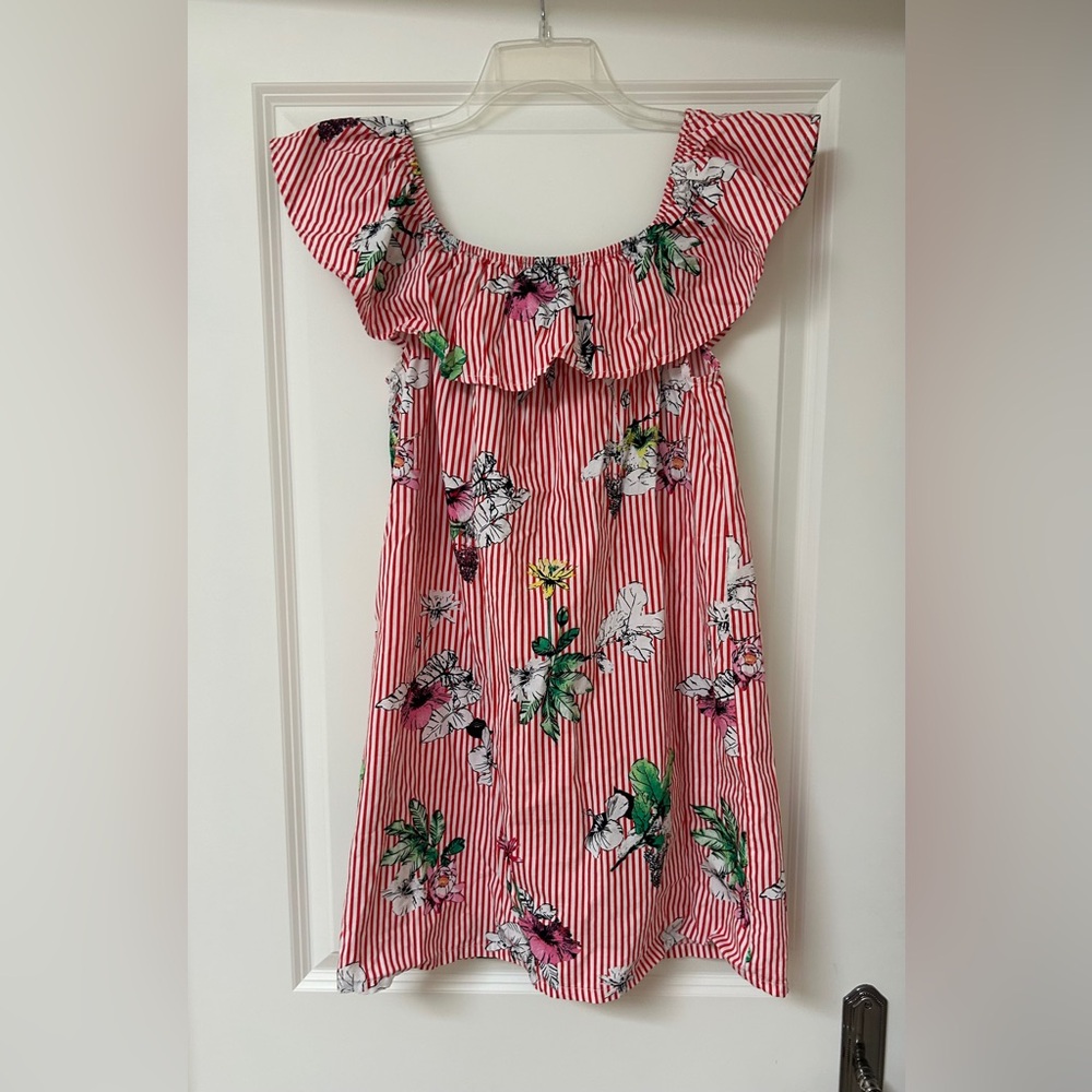 Velvet Heart Red & White Striped Floral Ruffle Off-Shoulder Mini Dress - Small